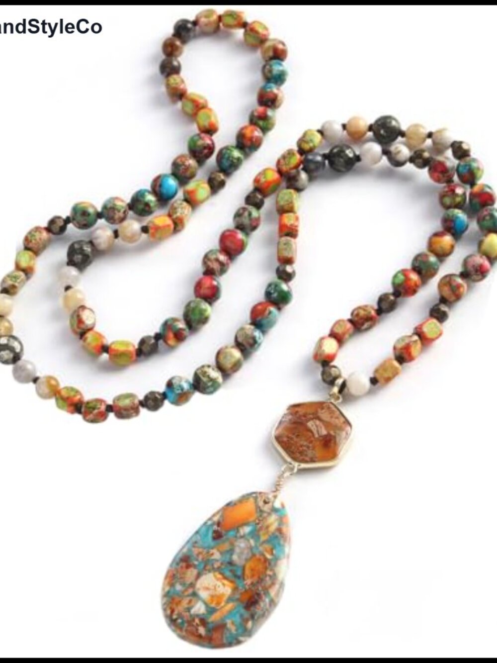Boho Long Pendant Necklace Natural Turquoise Jasper Handmade Beaded 35 Inch